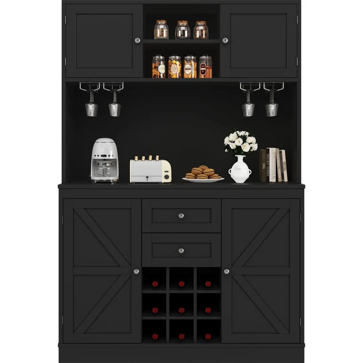 Küchenschrank mit verstellbaren Ablagen & Weinregal, Hochschrank Küchenbuffet mit 4 Türen & 2 Schubladen, Sideboard für Küche & Wohnzimmer, Buffetschrank, Schwarz--Schwarz--120x40x188cm--YOUDENOVA – Bild 8