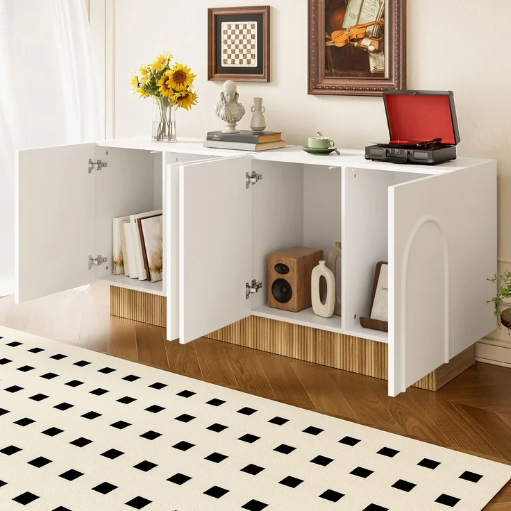 ZUBALIYA Sideboard 160x38x75 cm, mit 4 Türen, aus Spanplatte, Weiß / Holzfarben – Bild 7