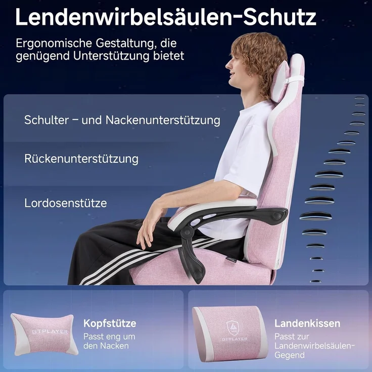 GTPLAYER Gaming-Stuhl Stoff Gaming Chair Ergonomisch Bürostuh PC Stuhl, 150kg Belastbarkeit, Schreibtischstuh mit Federsitzkissen und Fußstütze – Bild 7