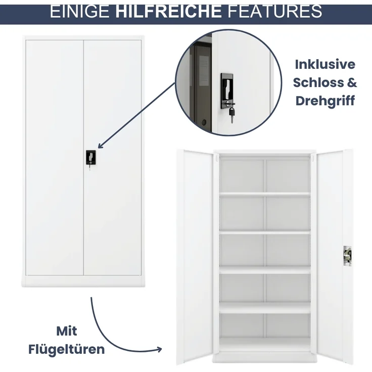 Aktenschrank abschließbar KADO - 5 Ebenen verstellbar, Flügeltüren | Metallschrank Werkstatt Mehrzweckschrank Büroschrank aus Stahl Werkzeugschrank, 195x90x40cm Weiß – Bild 5