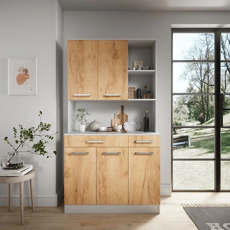 Küchenbuffet Raul Weiß/Goldkraft Eiche 100.1 x 188.5 cm mit 5 Türen & 2 Schubladen Vicco – Bild 3