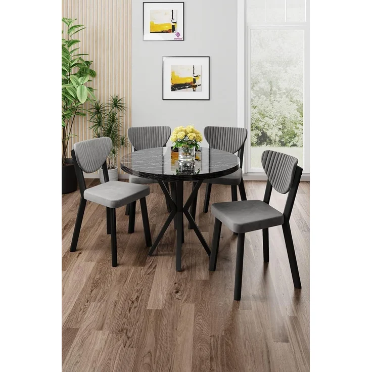 Modernes 5-teiliges Esszimmer-Set mit Tisch und Stühlen, Schwarzmarmor & Grau, 100% melaminbeschichtete Spanplatte, Metallbeine, stilvoll und langlebig – Bild 2