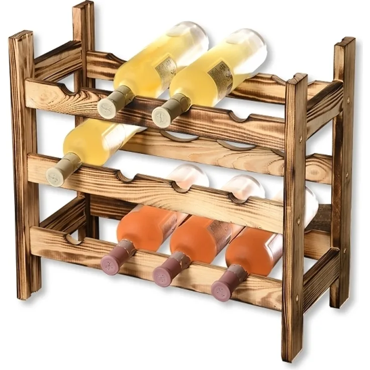 Weinregal - 3 Ablagereihen - Kiefernholz, geflammt