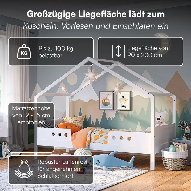 Bellabino 'Bela' Hausbett 90x200 cm mit Matratze, weiß, Kiefer Massivholz, Montessori Kinderbett mit Rausfallschutz und Lattenrost – Bild 4