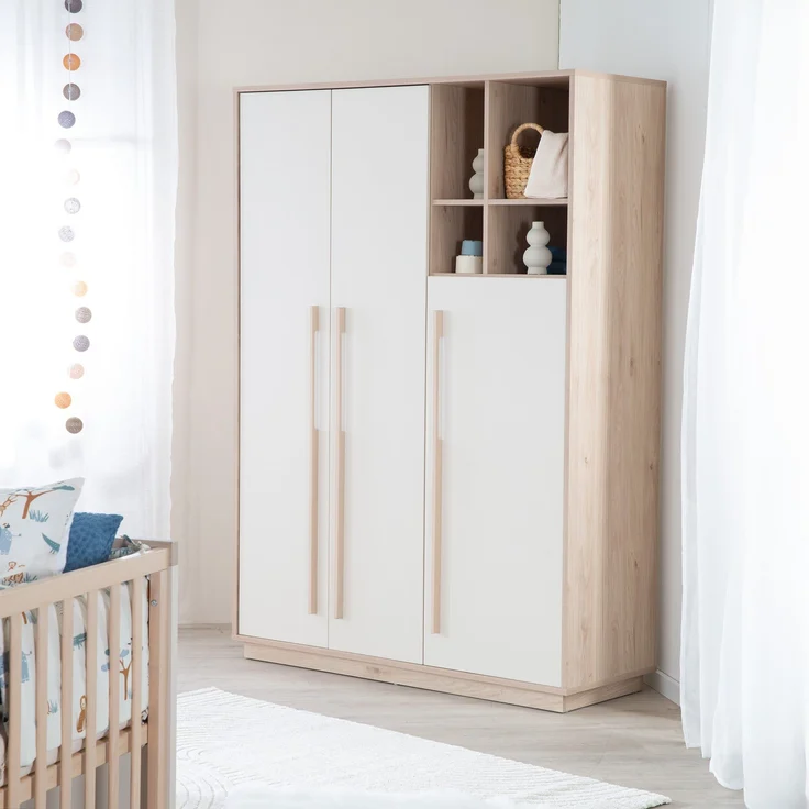 roba Kinderkleiderschrank Elva 3-türig mit offenen Fächern - Babyzimmer Schrank mit 2 Kleiderstangen & Einlegeböden - Schrank mit Soft-Close-Türen - Cashmere / Virginia Chestnut – Bild 2