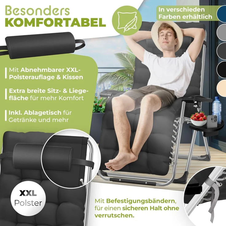 KESSER® Sonnenliege, klappbar, mit Getränkehalter, mit Auflage Polster & Kissen, verstellbare Rückenlehne, Schwarz, 77cm x 72cm x 180cm – Bild 2