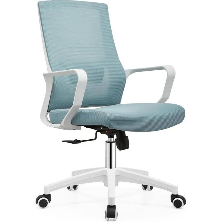 Shally Dogan Ergonomischer Drehstuhl mit Lendenwirbelstütze, Schreibtischstuhl, Arbeitszimmerstuhl, höhenverstellbar, stabile weiße Basis, schweißfeste Rückenlehne (blau)