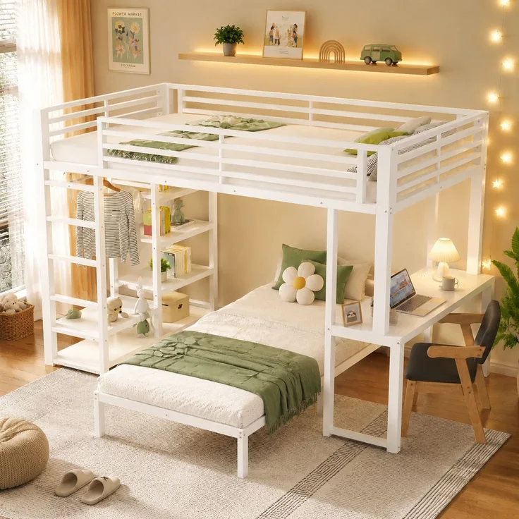 Hochbett 90×200 cm mit EN747-Schutz, Schreibtisch, Weiß, ohne Matratze