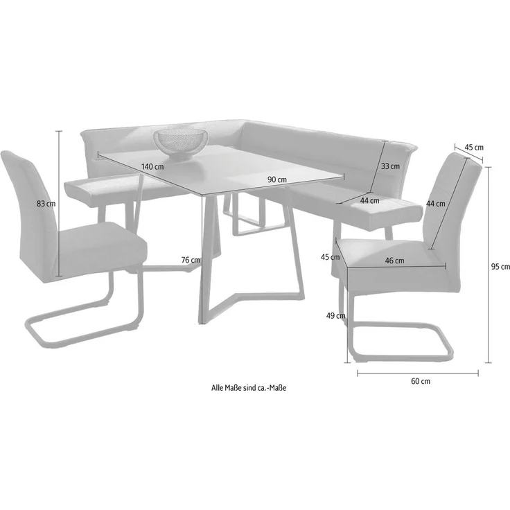 OTTO home Eckbankgruppe (Set, 4-tlg. Tisch, Bank und 2 Stühle), Taschenfederkern, Tisch (140x90cm) schwarz, Bank und Stühle anthrazit oder beige – Bild 3