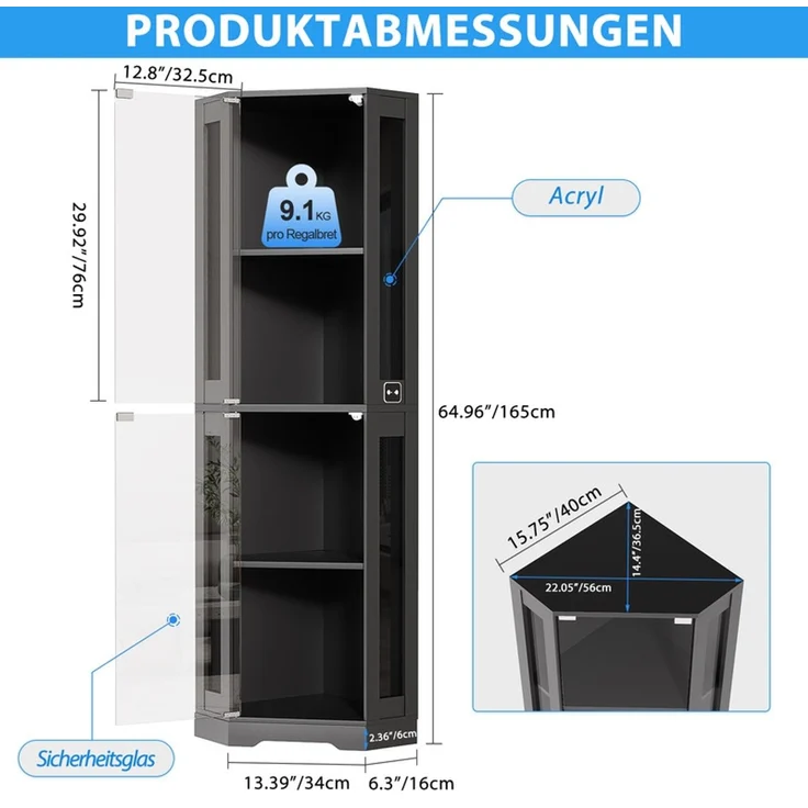 Eckvitrine 165x56x37 cm, 4-stöckiger Glasvitrinenschrank mit LED-Beleuchtung, griffloses Design, Schwarz – Bild 4