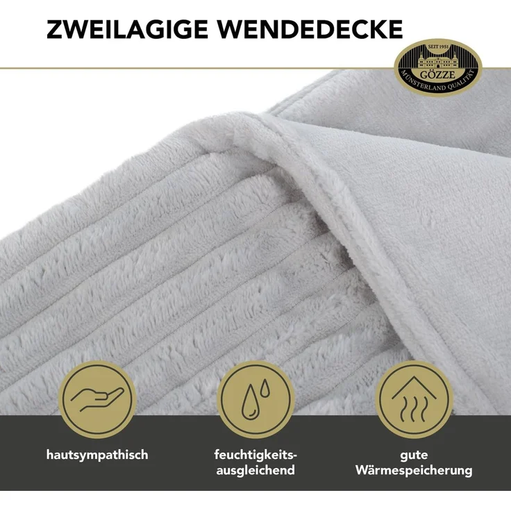 Gözze Wohndecke, kuschelweich, 1620g/Stück, Cord Optik, Polyester, Silber, 150x200 cm – Bild 3