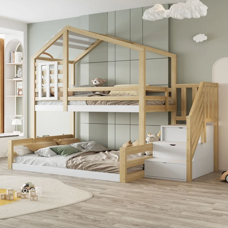Etagenbett 140x200 Kinderbett Hausbett Kiefernholz+MDF, Geländer & Stauraum,Weiß & Natur – Bild 2