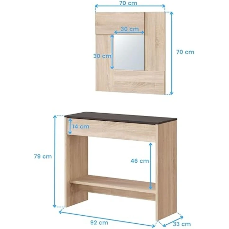 Habitdesign Konsolentisch mit Schublade und Spiegel – Flurablage in kanadischer Eiche und Rost für Eingangsbereich oder Schlafzimmer, modernes Design, Maße: 92 x 79 x 33 cm (B x H x T), Modell Oxys – Bild 7