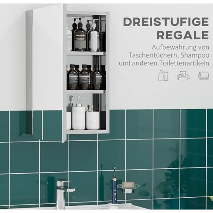 Kleankin Spiegelschrank wandmontierter Schrank mit Flügeltür und Ablagefächern (Hängeschrank, 1-St, Badezimmerschrank) für Badezimmer, Silber – Bild 4