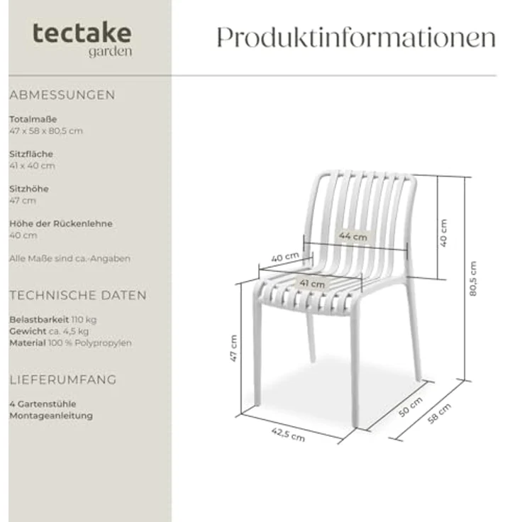 tectake Gartenstuhl Balkonstuhl Alcudia, wetterfest und UV-beständig, stapelbar (Set, 4 St), Wetterfester, robuster und langlebiger Kunststoff – Bild 4