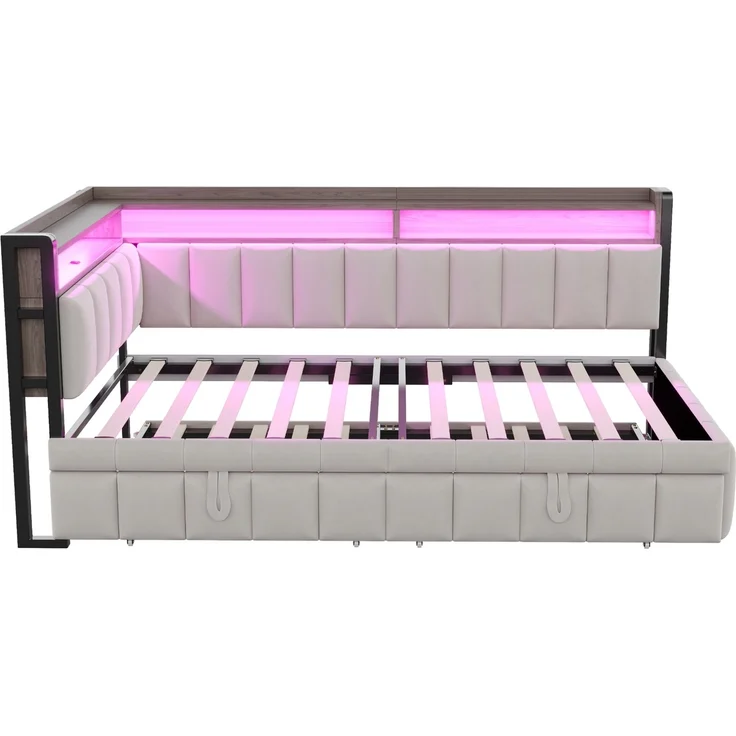 Polsterbett Schlafsofa 90x200 cm mit Ausziehbett, LED-Beleuchtung und Ablagefächern am Kopf- und Fußende, Ausgestattet mit USB- und Typ-C-Anschlüssen. Einzelschlafsofa, Samtstoff Hellgrau – Bild 8