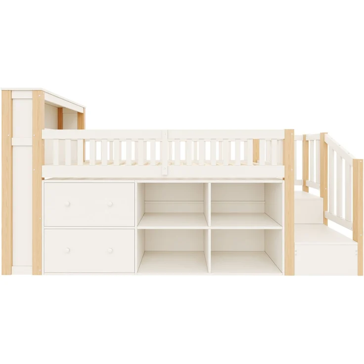 Hochbett, 90 x 200 cm, mit Schubladen, Staufächern, trapezförmigem Schrank, LED-Beleuchtung, Matratze nicht enthalten,Natur – Bild 9