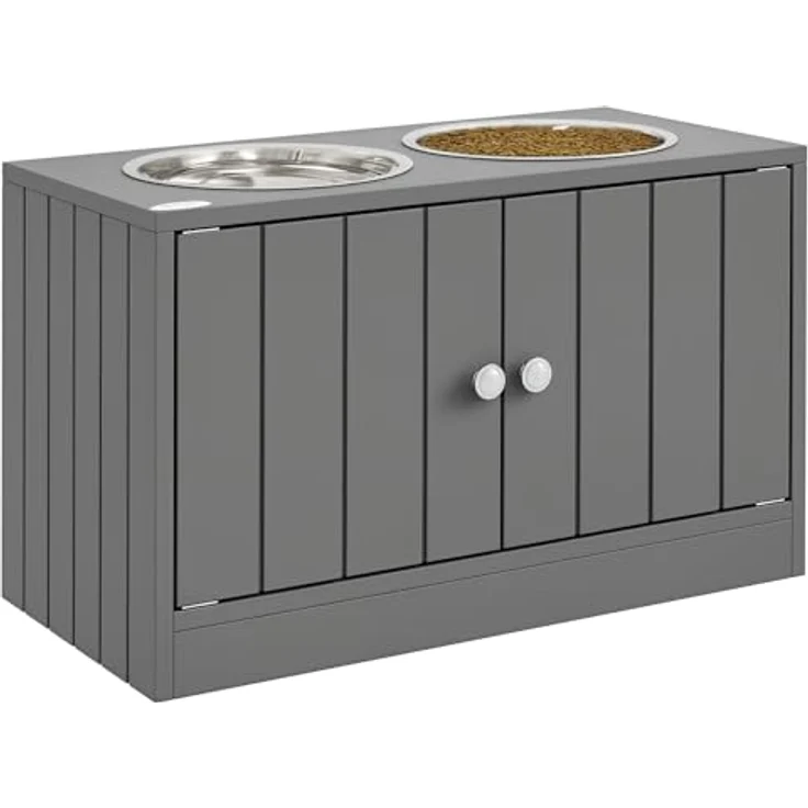 PawHut Futternapf Erhöhter Hundenapf, Futternapf mit Stauraum, Wassernapf 2 x 2000ml, Edelstahl, Wassernapf für große Hunde, Grau – Bild 2