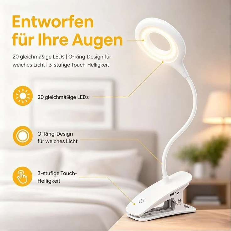 ibettertec LED Leselampe Leselampe Bett Klemmlampe Augenschutz Buchlampe 360° Flexibel, LED fest integriert, Neutralweiß, Kaltweiß, Warmweiß – Bild 2