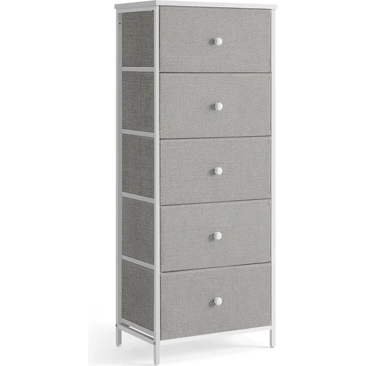 Songmics Kommode, Aufbewahrungsschrank mit 5 Stoff-Schubladen, Metallrahmen, hoch und schmal, taubengrau-cremeweiß LTSDE315G01
