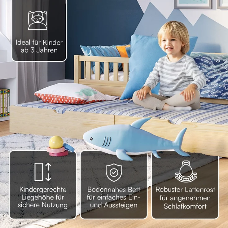 Bellabino 'Vils' Kinderbett 90x200 cm mit Gästebett 90x190 cm, natur, Kiefer Massivholz, Montessori Bett mit Ausziehbett, mit abnehmbarem Rausfallschutz und Lattenrost – Bild 3