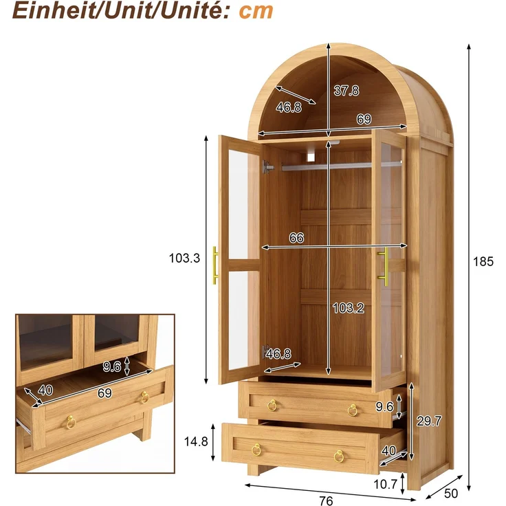 Kleiderschrank 76 x 50 x 185 cm in Eichenoptik mit Glastüren, Schubladen und LED-Beleuchtung – Bild 4