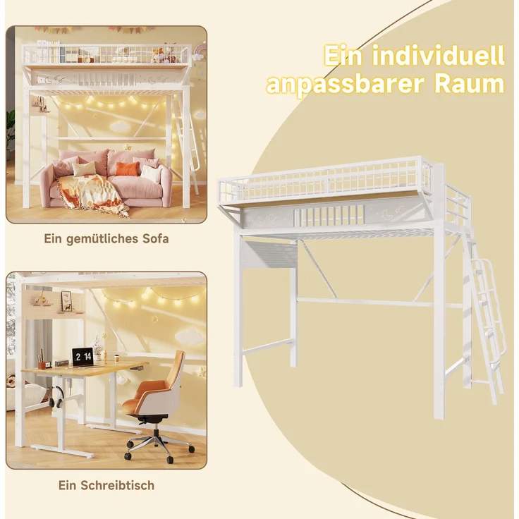 Hochbett, 90 x 200 cm, Metallbettgestell, Staufächer, offene untere Ebene, Ohne Matratze, Weiß – Bild 8