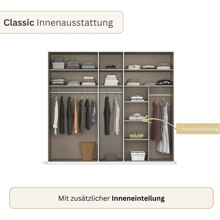 rauch Drehtürenschrank Kleiderschrank Schrank Garderobe Wäscheschrank BESTSELLER MONTCLAR (3 Ausstattungen BASIC/CLASSIC/PREMIUM (SOFT-CLOSE), Breiten 201-400 cm) Front in Glas/Hochglanz/Dekor/Grauspiegel in 5 Breiten MADE IN GERMANY – Bild 3