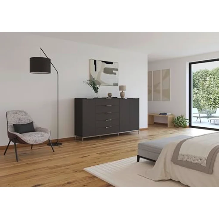 Rauch Möbel Flipp, Nachttisch für Schlafzimmer, Flur, Garderobe, 3-türig, 5 Schubladen, mit Softclose-Funktion, Griffe und Metallkufe Chrom, Farbe Graphit, Schwarz, Breite 199 cm – Bild 3