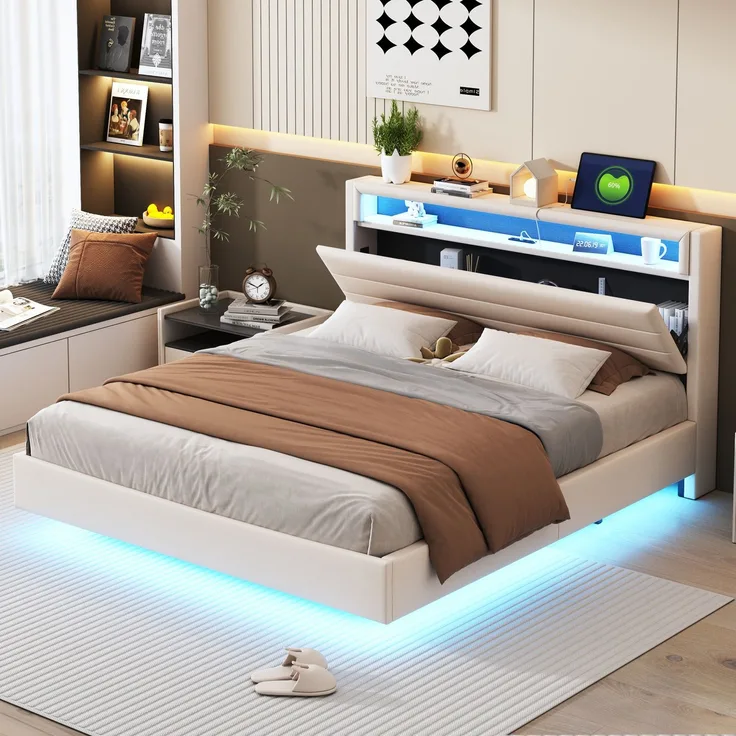 Polsterbett 160x200 cm mit USB-Steckdose und LED-Licht, wendbares Kopfteil, verdecktes Fußteil, Doppelflachbett, Jugendbett, Erwachsenenbett, Leinenstoff Beige
