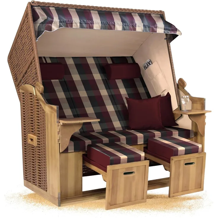 Strandkorb Hanse Strandkorb Strandkorb Ostsee XXL 2,5-Sitzer Volllieger Beige Rot, BxTxH: 150x80x160 cm, Ostsee XXL Volllieger, Ostsee 2,5-Sitzer Modell 2025, Stabiles Wacholder mit handgefertigtem Polyrattangeflecht