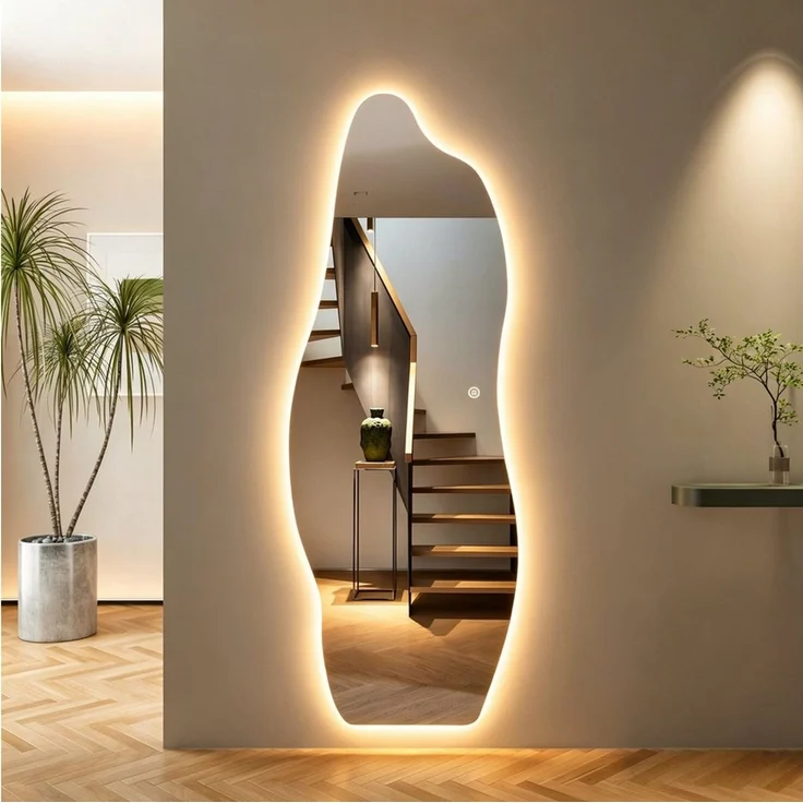 WDWRITTI Ganzkörperspiegel Rahmenlos LED Ganzkörperspiegel Wandspiegel groß asymmetrisch (Flurspiegel Modern mit 3Lichtfarben, Dimmbar, Speicherfunktion, 165x60cm), für Wohnzimmer Schlafzimmer Garderobe Flur Friseurladen – Bild 5