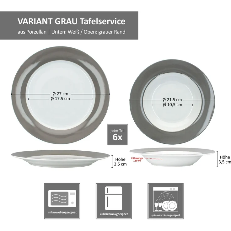 12tlg Tafelservice Variant Grau Porzellan 6 Personen Speiseteller Suppenteller – Bild 6