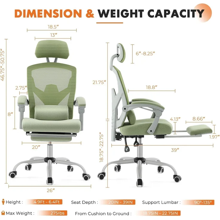 Sweetcrispy Büro-Computer-Schreibtisch Stuhl, Gaming-Stühle für Erwachsene, High-Back Mesh Rolling Swivel Reclining Stühle mit Rädern, Bequeme Lendenwirbelstütze, Bequeme Arme Grün – Bild 2