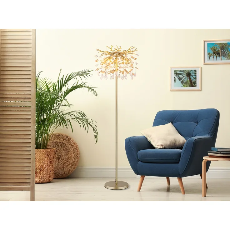 Ausgefallene Stehlampe QUEENA Gold mit Glas Kristall 2-farbig, Höhe 155cm