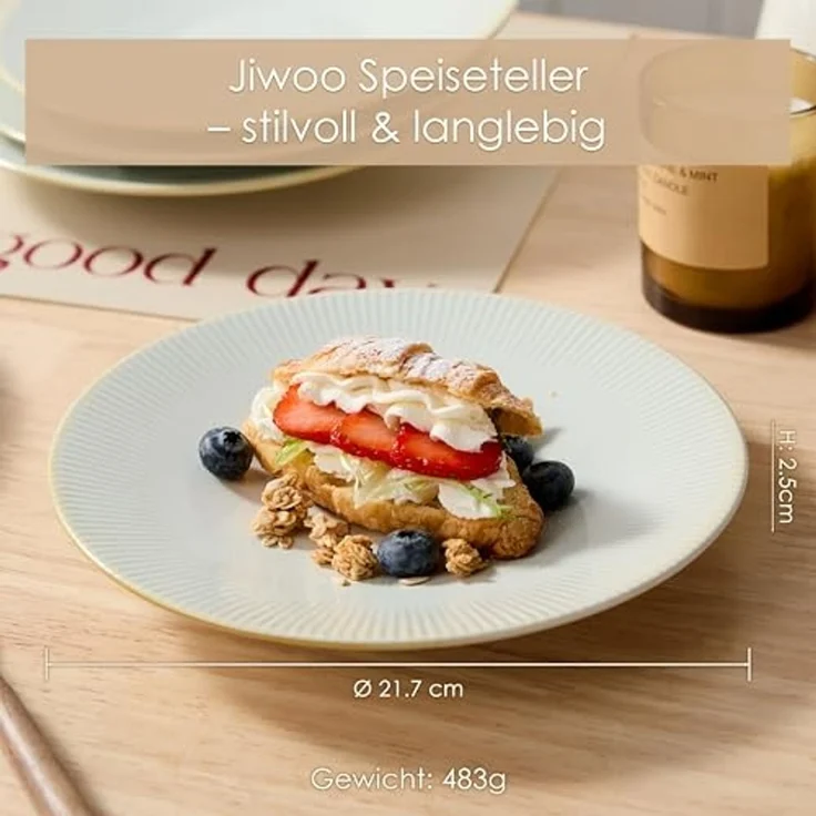 JIWOO Teller 6er Ø21,7cm, Pastateller Frühstücksteller Salatteller Dessertteller, (6 St), Keramik Hochwertiges Tellerset WeiB Mikrowellen spülmaschinenfest – Bild 2