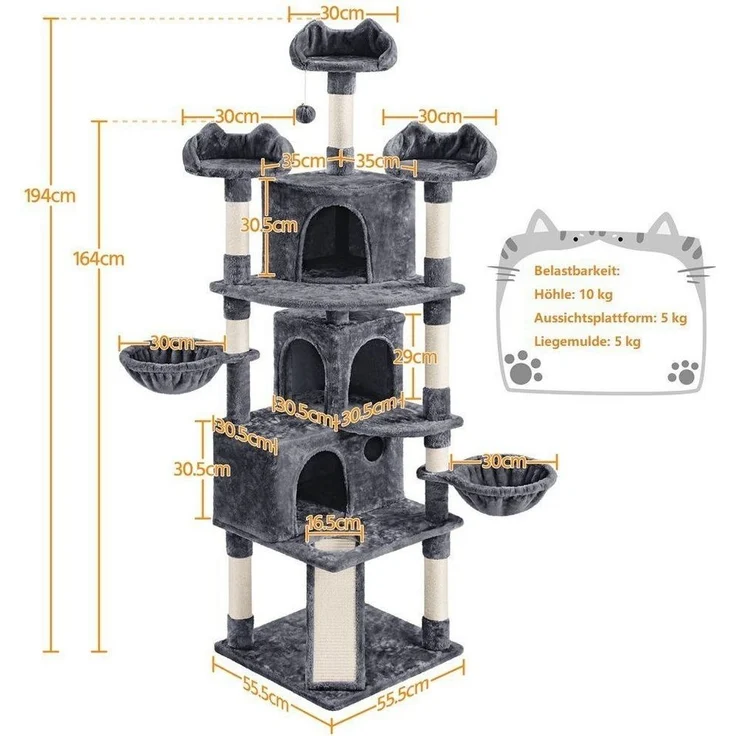 Yaheetech Kratzbaum Katzenbaum 194 cm(H), Kletterbaum mit 3 Aussichtsplattform & 2 Liegemulden & 3 Höhlen – Bild 3