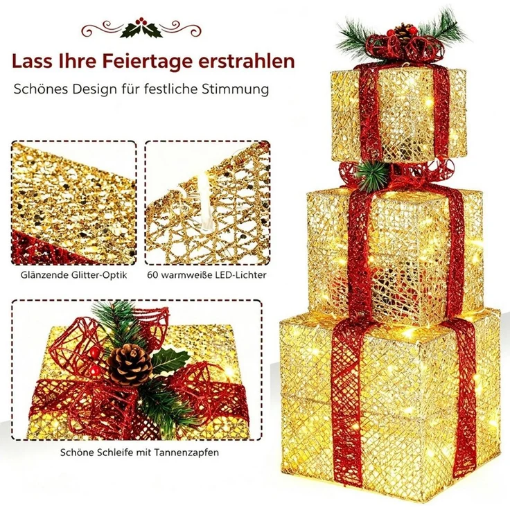 VINGLI LED Dekolicht 3er Set LED Geschenkboxen für Innen & Außen, 60 LED - Gold, mit Stecker, wetterfeste & stapelbar, warmweiß, Schleife, Gold – Bild 3