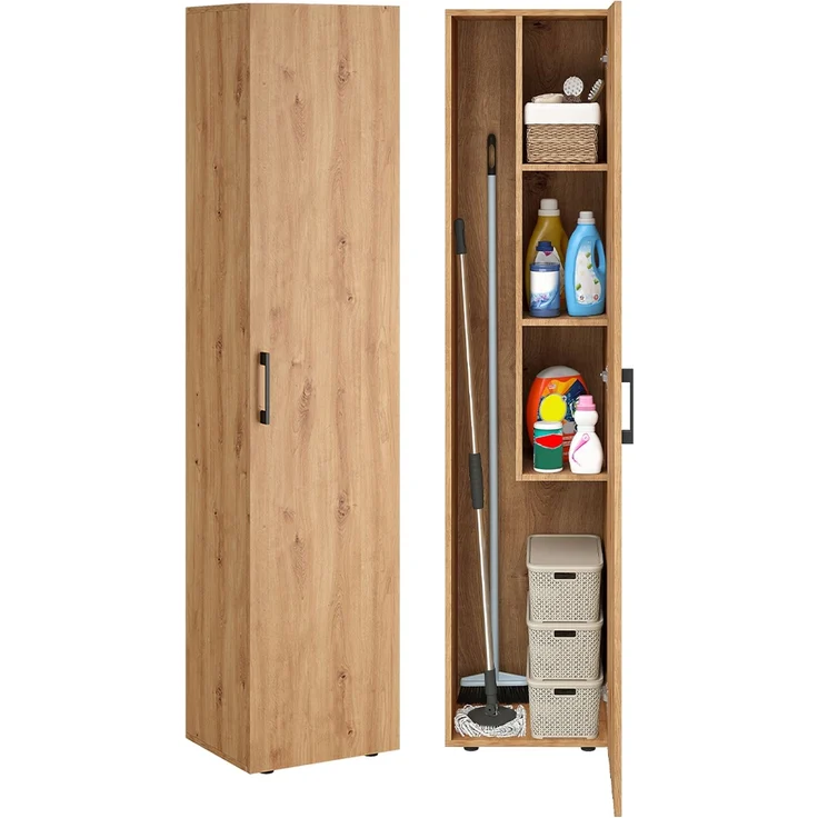 Bellamio 'Apol' Mehrzweckschrank schmal, Eichenoptik, 176x33x40 cm, Besenschrank mit Staubsaugerfach und 3 kleinen Fächern – Bild 1