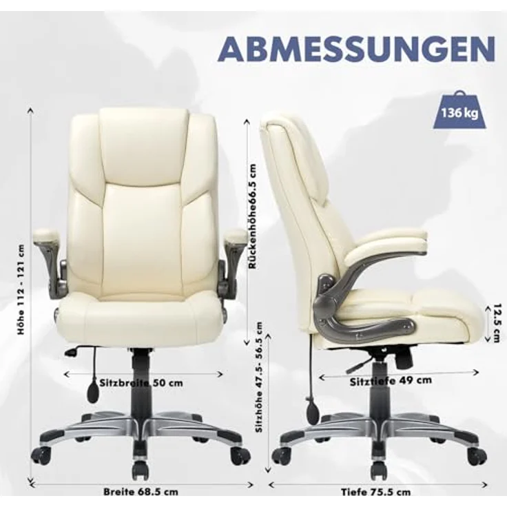 COLAMY Bürostuhl Ergonomisch, Chefsessel mit Hoher Rückenlehne, Schreibtischstuhl Lederstuhl mit Gepolsterten Klapparmlehnen, Verstellbarer Neigungsverschluss, Drehstuhl für Erwachsene, Elfenbein – Bild 3