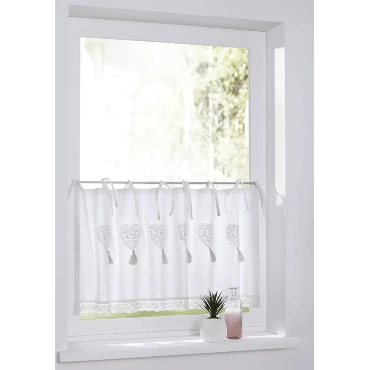 Kutti Scheibengardine Camille (1 St), Bindebänder, blickdicht, Kurzgardine, Baumwolle, Landhaus, romantisch, Herz, Spitze, Volant – Bild 2
