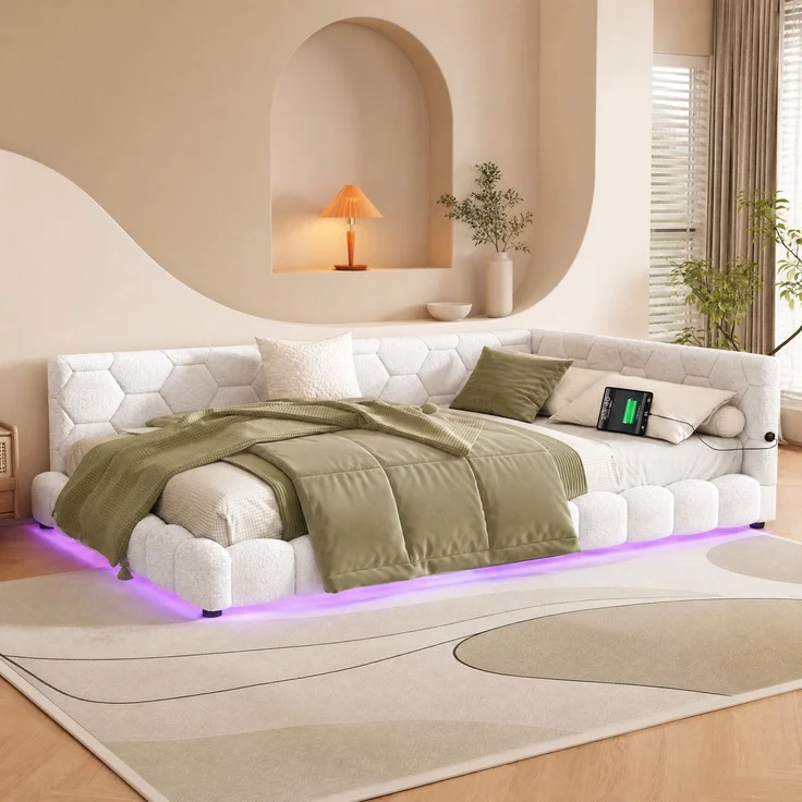 CHICFURN Daybett aus Vliesimitat, Weiß, 140x200 cm, mit LED-Umgebungslicht, USB- und Type-C-Anschluss – Bild 2