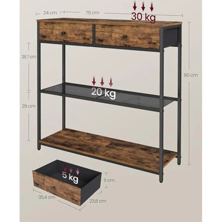 VASAGLE Konsolentisch schmal, Beistelltisch mit 2 Stoffschubladen, Flurtisch, 24 x 76 x 80 cm, für Flur, Wohnzimmer, vintagebraun-tintenschwarz – Bild 4