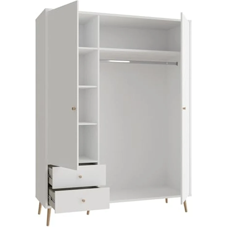 Forte HARLLSON Kleiderschrank 150 160, Mid-Century-Modern Stil, leichte Montage Dank EasyKlix by Forte, 3-türig, 2 Schubladen, Holzwerkstoff, Weiß, 154,2 cm breit x 201,7 cm hoch x 52,2 cm tief – Bild 6