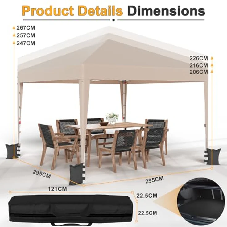 JUMMICO Pavillon 3x3 Wasserdicht Stabil Winterfest Höhe Verstellbar,Faltpavillon mit 4 Seitenwänden,Pavillion UV Schutz 50+,Gartenpavillon Faltzelt für Garten, Innenhof, Camping,Gazebo Beige – Bild 3