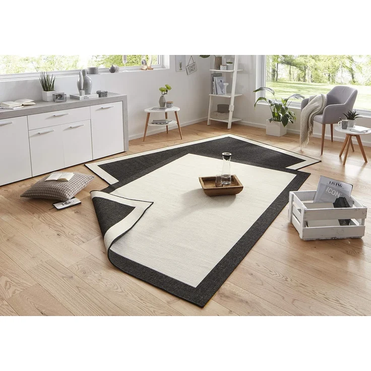 NORTHRUGS In- und Outdoor Teppich Panama 200x290cm - Wendeteppich Wetterfest Modernes Uni Design mit Bordüre Läufer für Balkon Terrasse Garten Wintergarten Wohnzimmerteppich Wasserfest, Schwarz Creme – Bild 1