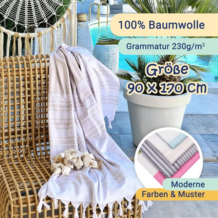 ZOLLNER Hamamtuch mit Fransen, Baumwolle, 90x170 cm, beige-weiß-gestreift – Bild 4