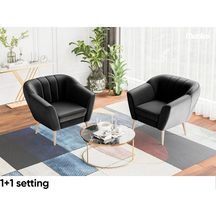 MEBLINI Sofa-Set KAIA 2+1+1 - Schwarz Samt - für Wohnzimmer - Mini Lounge für vier Personen - Küchensofa - Sofa Klein - Sitzgarnitur - Polstergarnitur - Sofagarnituren – Bild 5