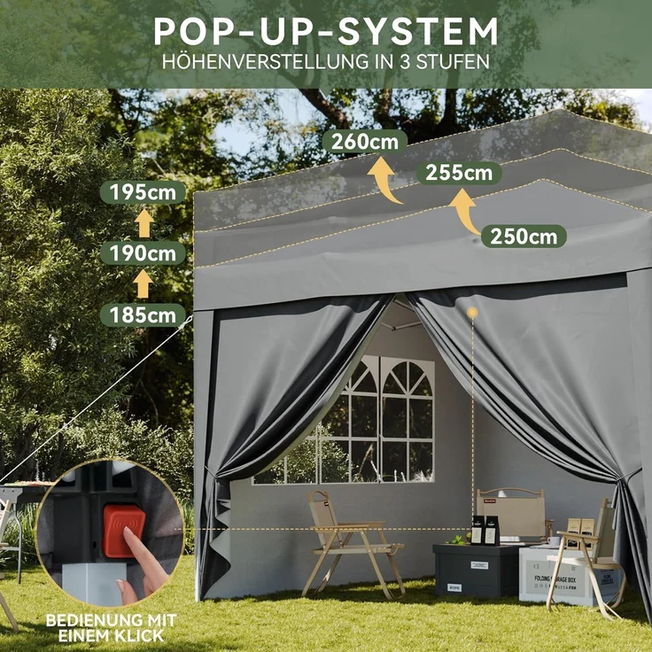 Aoxun Pop Up Pavillon 3x3 Wasserdicht mit 4 Seitenwänden, Metallrahmen-Schutzzelt, Höhe Verstellbar, 3mx3m Faltpavillon mit Tragetasche für Camping Party, Grau – Bild 6