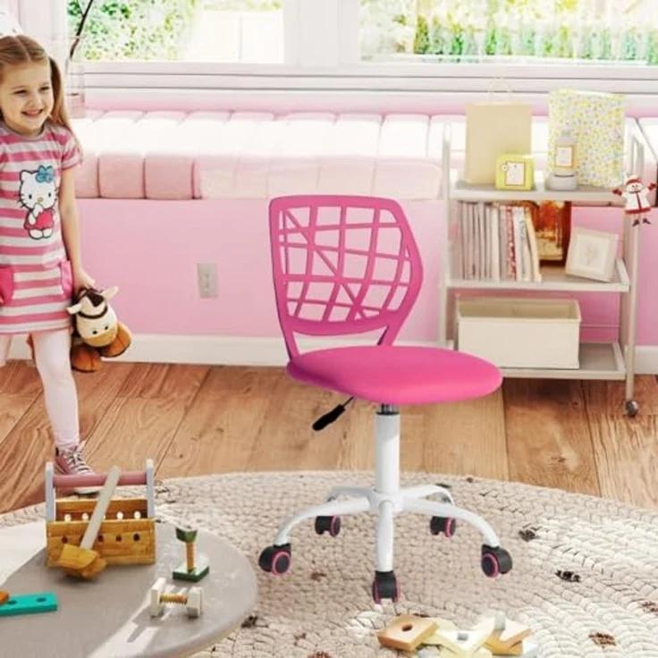 FurnitureR Kinder Schreibtischstuhl, höhenverstellbarer Drehstuhl mit kleinem Loch Rückenlehne Design, geeignet für Kinderzimmer oder Arbeitszimmer, rosa I – Bild 5